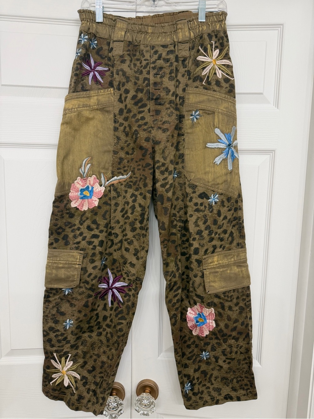 Free People Olive Leopard Cargo Pants with Floral Embroidery
